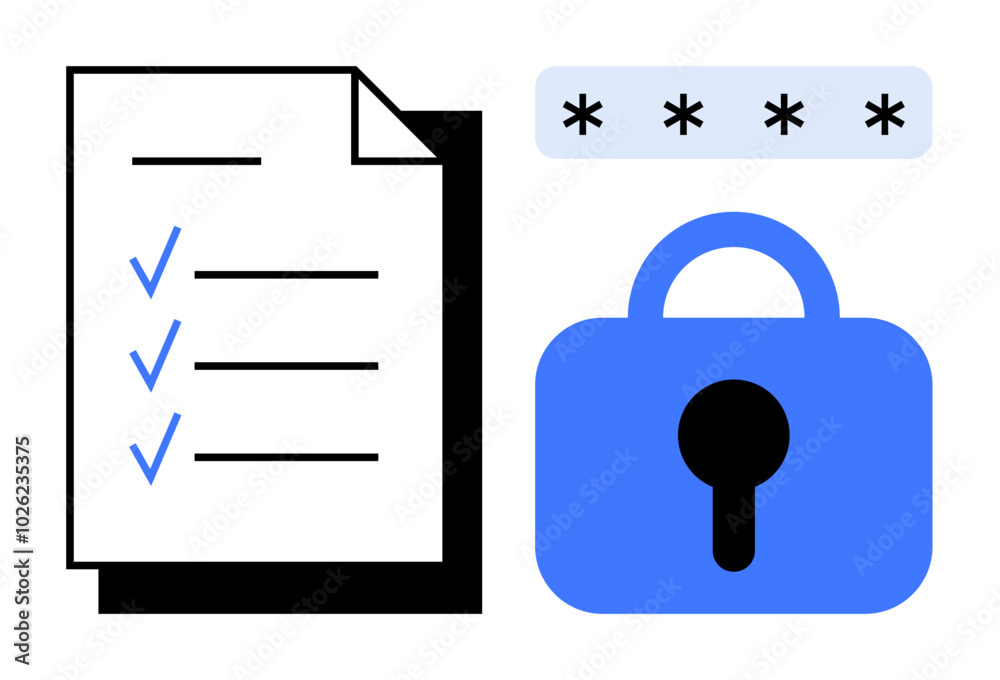 Document with three checkmarks and a blue lock with a password field above. Ideal for themes like cybersecurity, data protection, privacy, safety measures, and secure information handling. Modern Document with three checkmarks and a blue lock with a password field above. Ideal for themes like cybersecurity, data protection, privacy, safety measures, and secure information handling. Modern
