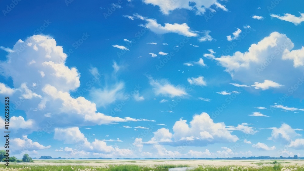 A serene landscape with a vibrant blue sky and fluffy clouds over green fields. A serene landscape with a vibrant blue sky and fluffy clouds over green fields.