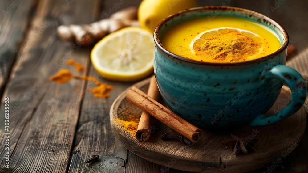 turmeric tea still life, turmeric tea with lemon slice, rustic table setting fresh roots and spices displayed around cup neutral background, ideal for text turmeric tea still life, turmeric tea with lemon slice, rustic table setting fresh roots and spices displayed around cup neutral background, ideal for text