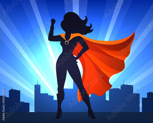 Female Superhero Standing with Raised Fist on Night Cityscape Background