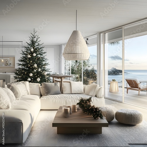 A serene, coastal-inspired living room decorated for Christmas.