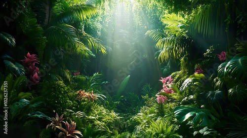 Tropical Jungle Foliage with Lush Greenery and Dense Vegetation on Dark Background