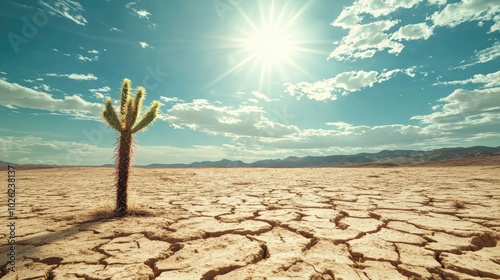 A lone cactus standing in a dry, arid desert with a bright sun overhead photo