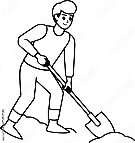 Single-man line drawing digging in dirt using a shovel. A man in a suit digs the outline ground with a spade. Hard-working process. Modern continuous line art design graphic vector illustration.