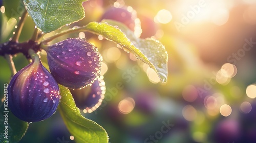 Close-up of ripe figs on a tree branch, illuminated by sunlight filtering through leaves, showcasing vibrant purple and green colors with water droplets, capturing the essence of fresh garden produce.