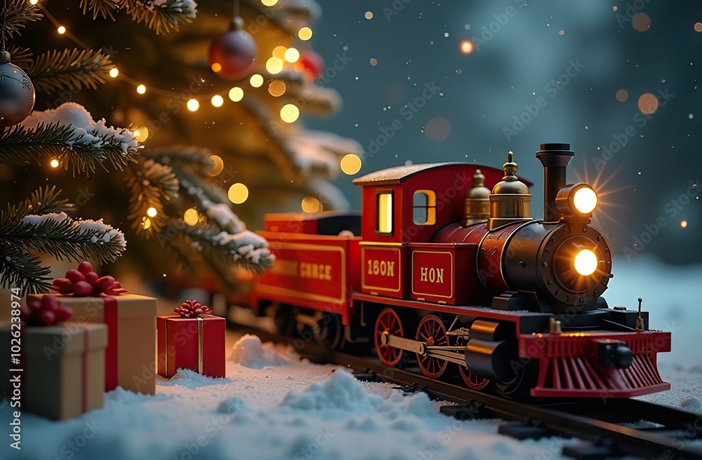 It's a toy locomotive under the Christmas tree. It's a toy train under the Christmas tree. Christmas presents. Happy New Year. Merry Christmas. It's a tree for Christmas