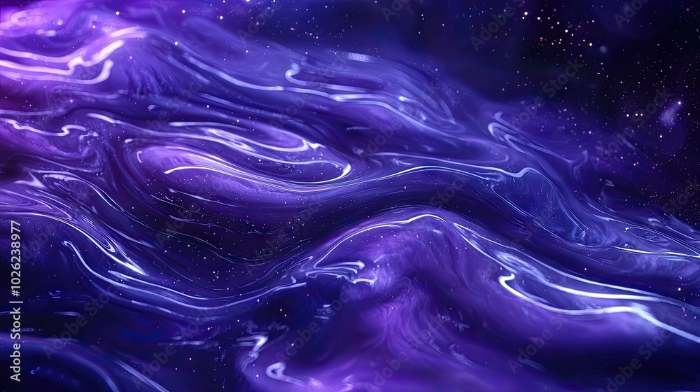 a metallic liquid that resembles flowing mercury, floating in a dark cosmic space. The liquid should appear smooth and highly reflective, with colors 