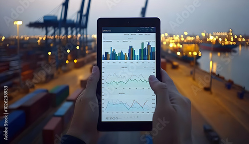 Person Holding iPad Displaying Graph at Dusk