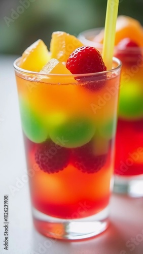 Wallpaper Mural A refreshing and colorful layered drink featuring vibrant fruits like strawberries and melons, served in clear glasses with ice, perfect for summer parties, tropical themes, and festive celebrations Torontodigital.ca