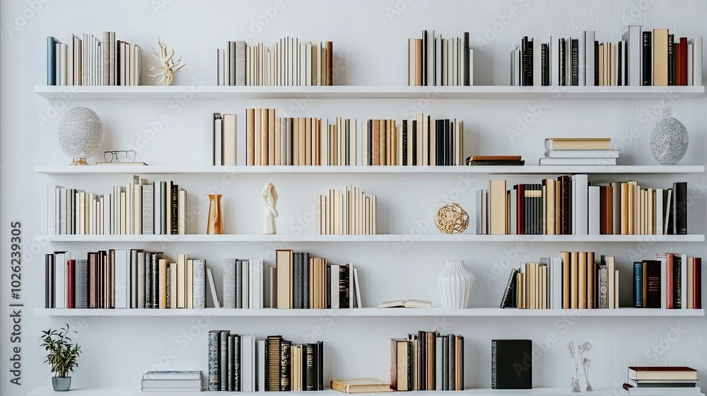 A modern bookshelf against a white wall, showcasing a mix of books, small sculptures, and personal mementos. A modern bookshelf against a white wall, showcasing a mix of books, small sculptures, and personal mementos.