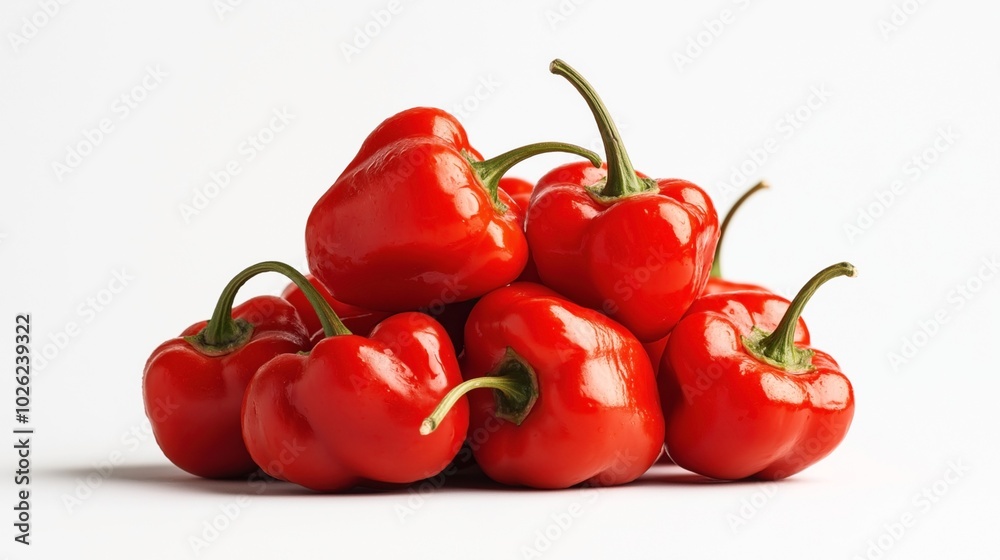 A cluster of vibrant red habanero peppers with green stems displayed on a plain white background, showcasing their shiny surface and natural texture. A cluster of vibrant red habanero peppers with green stems displayed on a plain white background, showcasing their shiny surface and natural texture.