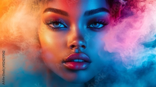 A woman with a blue eye and a red lip is in front of a colorful background