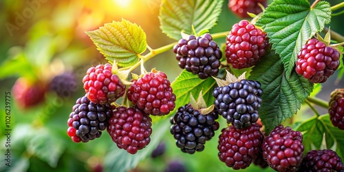 Fresh blackberries nestled on a leafy stem, showcasing nature’s bountiful beauty, offering a delightful contrast of vibrant color and rich, juicy flavor in a serene setting.