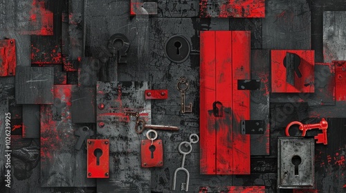 Trustbuilding illustration in charcoal and red with keys and doors photo