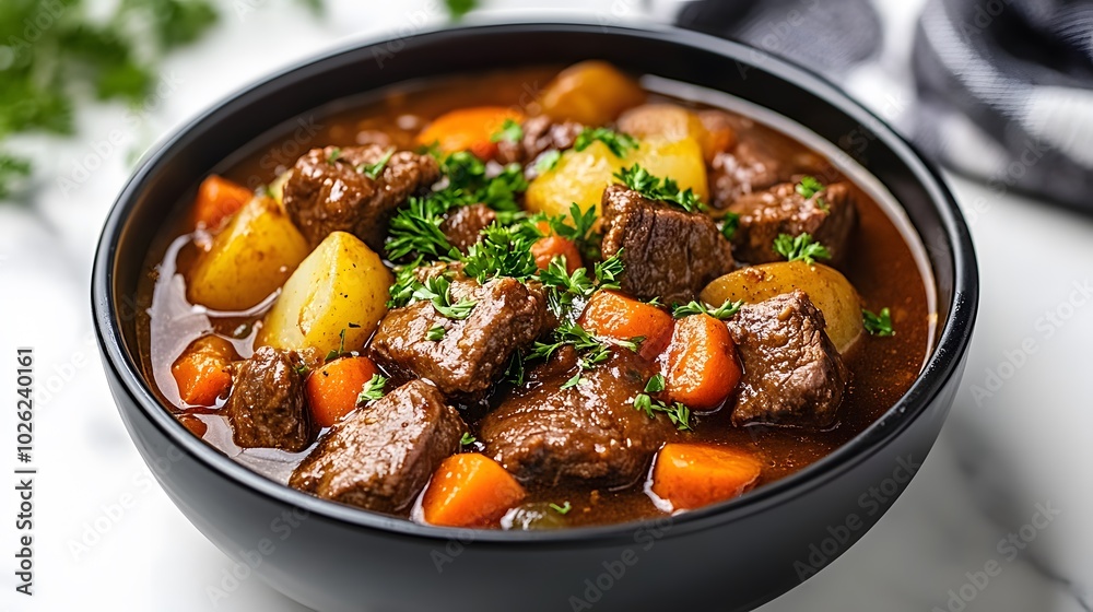 A hearty beef stew in a black ceramic bowl, showcasing tender meat chunks and colorful vegetables garnished with parsley, embodying comfort food aesthetics against a white marble tabletop. A hearty beef stew in a black ceramic bowl, showcasing tender meat chunks and colorful vegetables garnished with parsley, embodying comfort food aesthetics against a white marble tabletop.