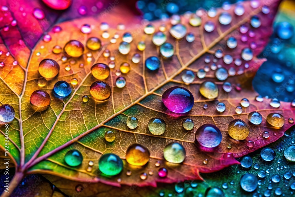 Fototapeta premium Captivating Raindrops on Leaf Showcasing Nature's Beauty - Refreshing and Tranquil Rainy Day Scene in High Detail