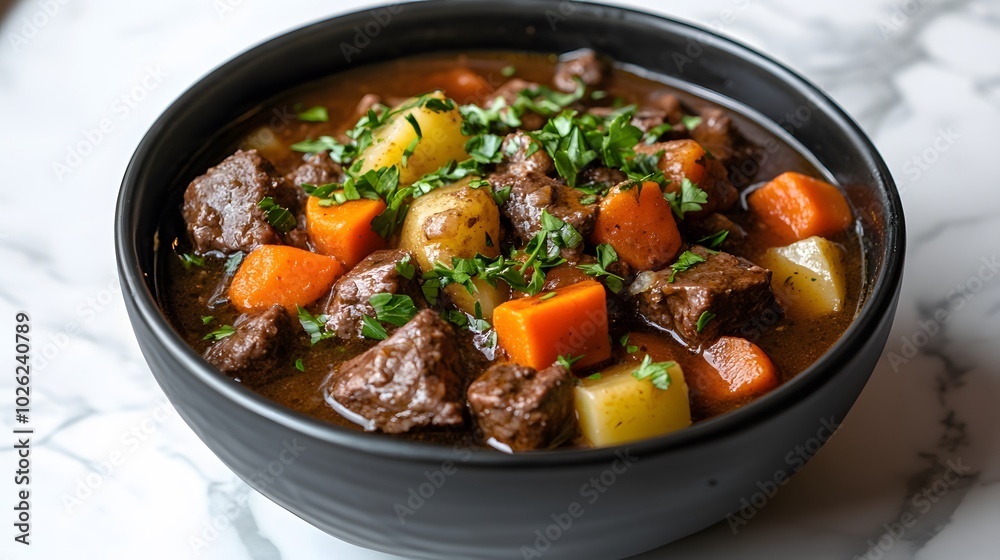 A hearty beef stew in a black ceramic bowl, showcasing tender meat chunks and colorful vegetables garnished with parsley, embodying comfort food aesthetics against a white marble tabletop. A hearty beef stew in a black ceramic bowl, showcasing tender meat chunks and colorful vegetables garnished with parsley, embodying comfort food aesthetics against a white marble tabletop.