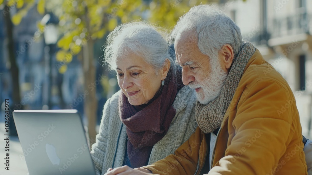 Elderly couple learning to use computer, bright day, clean background, Elderly couple learning to use computer, bright day, clean background,