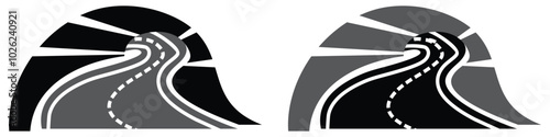 Black and grey stylized modern road icon with a tarred freeway winding through a tunnel.