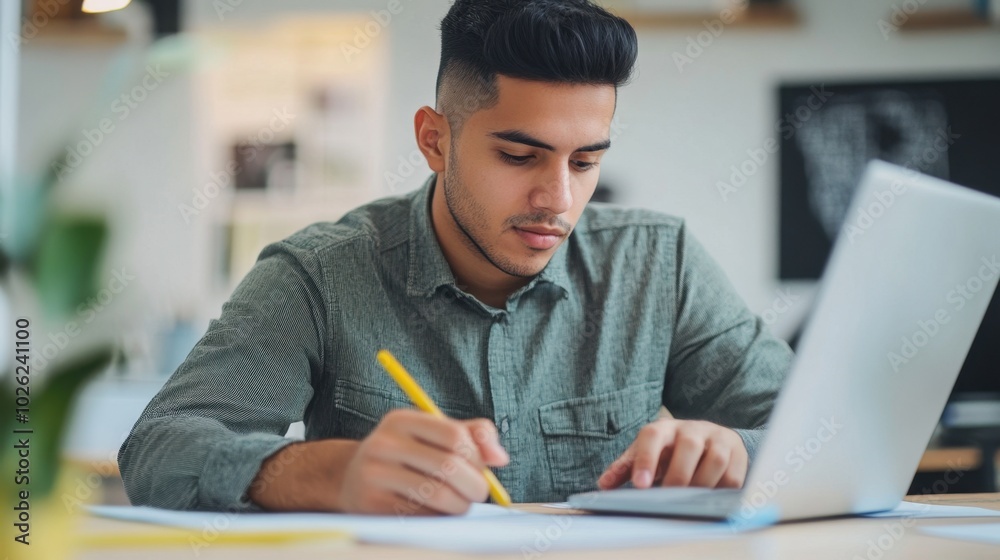 Graphic designer using graphic pen, young Hispanic man with short black hair, modern workspace, clean background, minimal elements Graphic designer using graphic pen, young Hispanic man with short black hair, modern workspace, clean background, minimal elements