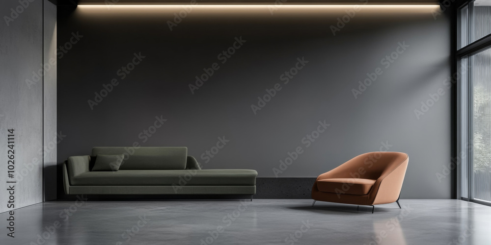 Modern living room featuring minimalist furniture in neutral tones and large windows