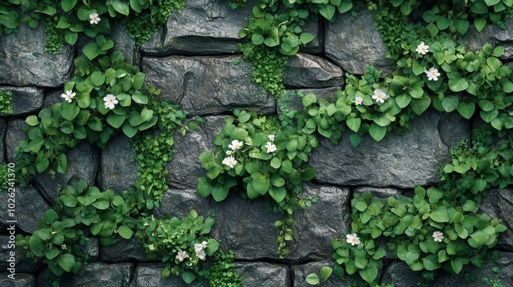 Stone Wall Covered in Lush Greenery and Delicate White Flowers Stone Wall Covered in Lush Greenery and Delicate White Flowers