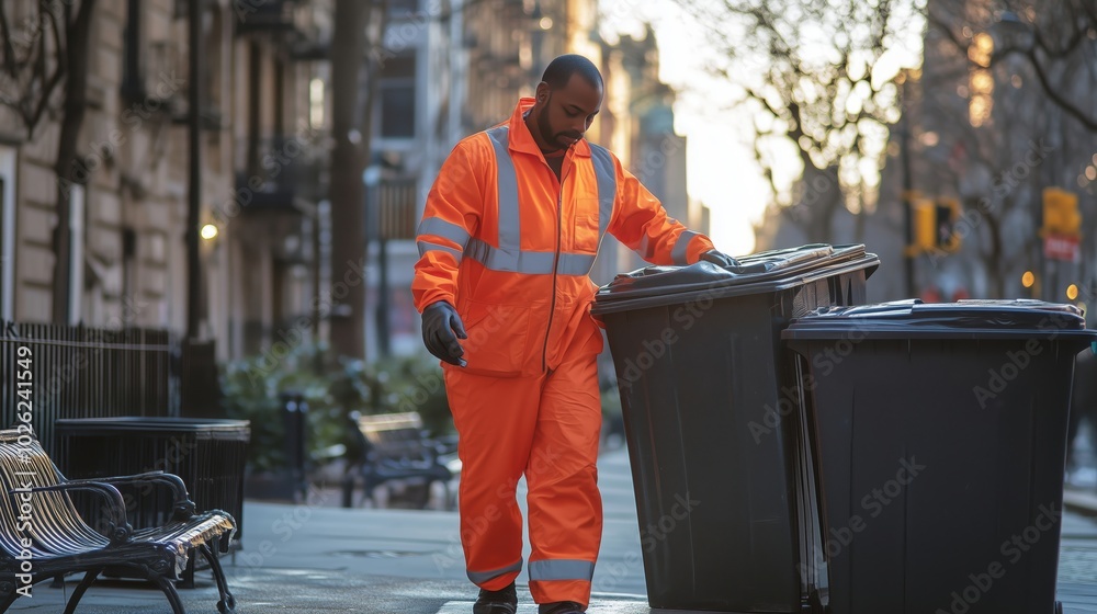 Waste collector walking and pushing trash bin on city street Waste collector walking and pushing trash bin on city street