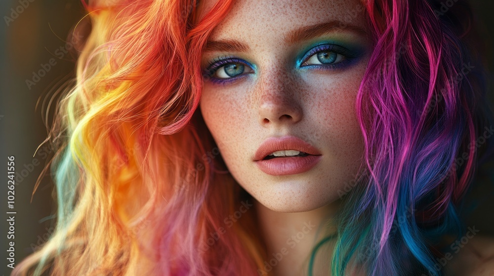 A woman with rainbow colored hair and makeup A woman with rainbow colored hair and makeup