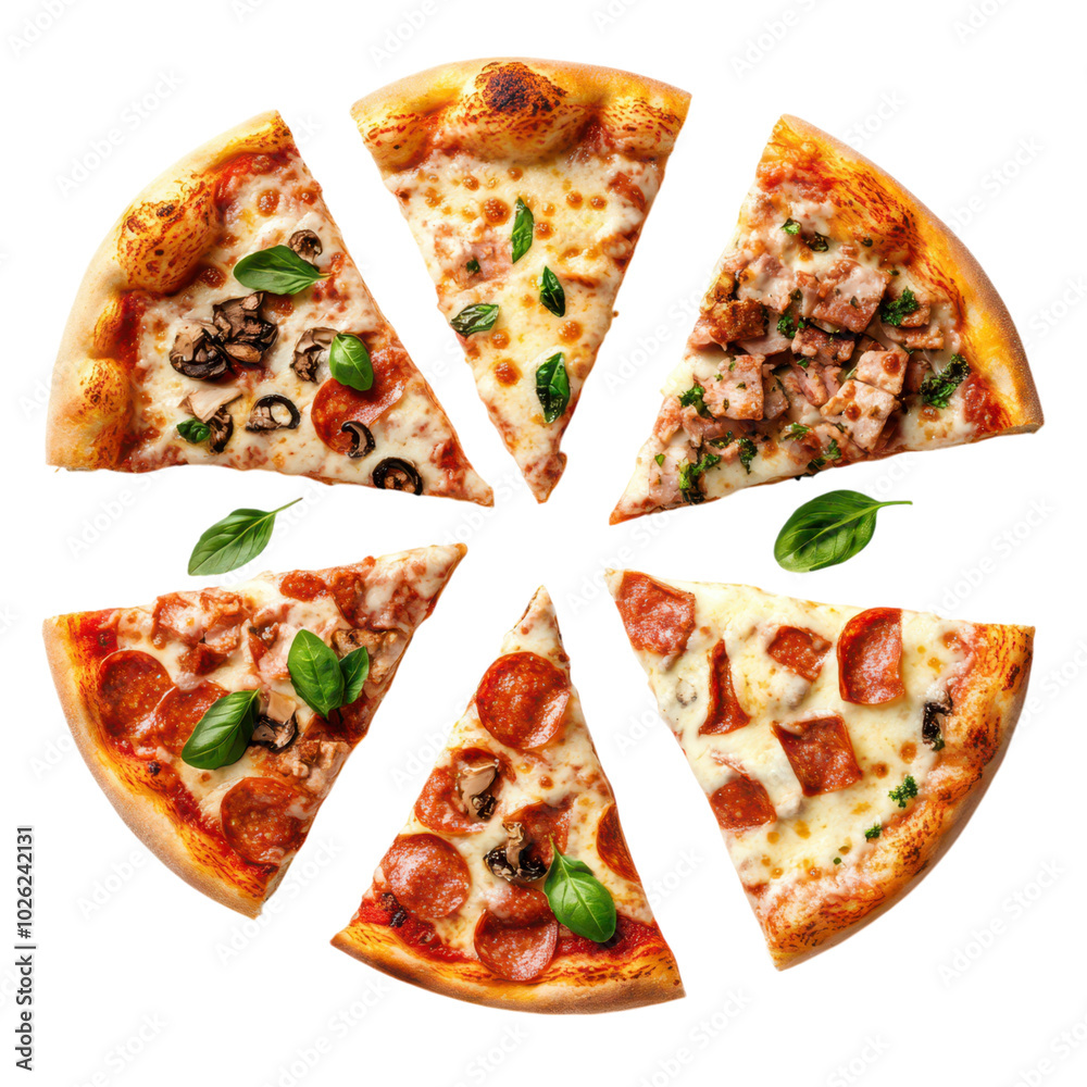 pizza slices with a variety of toppings, displayed in a realistic style with rich colors.