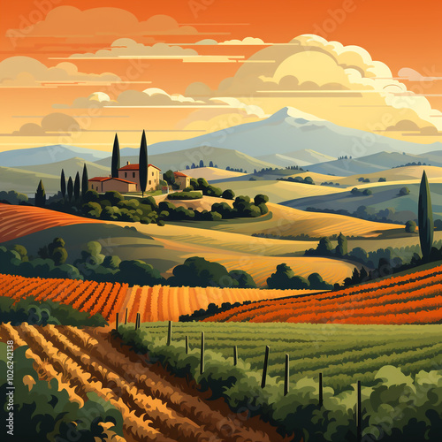 A beautiful farmland landscape in Italy with a sun in the sky and a few trees