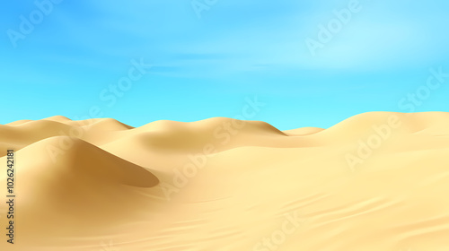 Big 3d realistic background of sand dunes. Desert landscape with blue sky