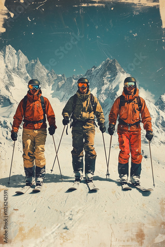 illustration of three men in ski resort in the mountains 