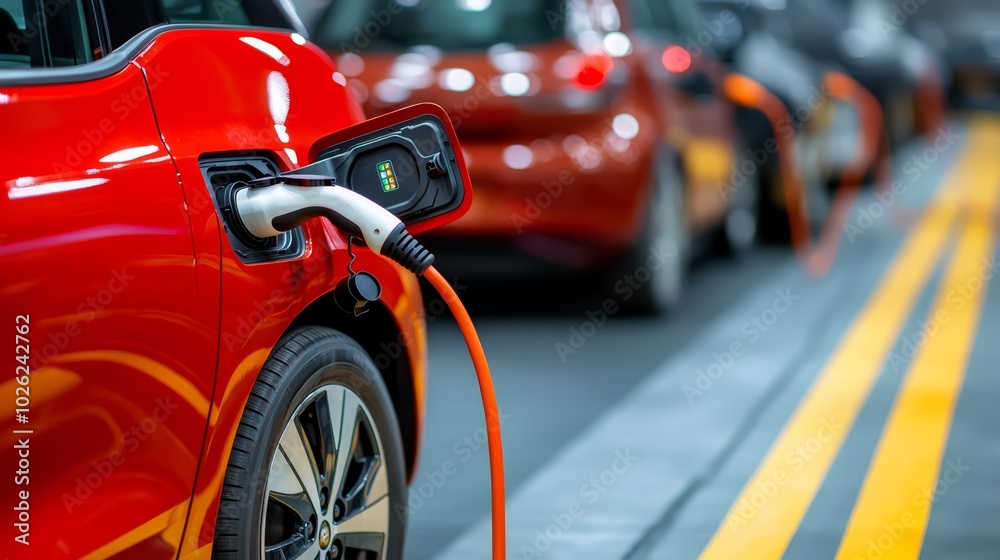 Electric car charging in a modern parking lot with plugged-in charger. Electric car charging in a modern parking lot with plugged-in charger.