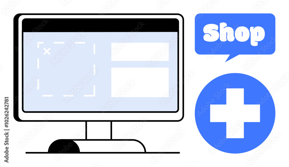 Computer monitor with a dashboard interface. Blue speech bubble with Shop and a blue medical cross symbol. Ideal for online shopping medical services e-commerce healthcare digital marketplace Computer monitor with a dashboard interface. Blue speech bubble with Shop and a blue medical cross symbol. Ideal for online shopping medical services e-commerce healthcare digital marketplace