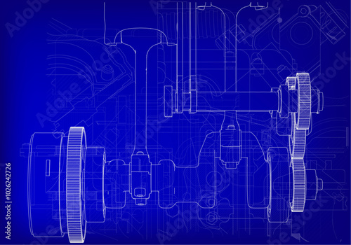 Two-cylinder engine on a blue background.