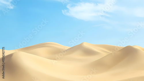 Big 3d realistic background of sand dunes. Desert landscape with blue sky