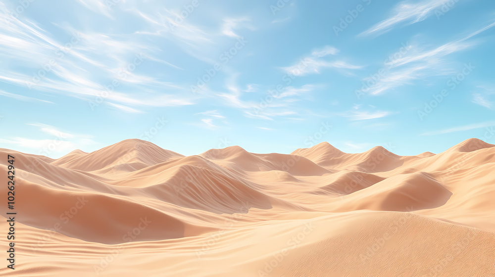 Big 3d realistic background of sand dunes. Desert landscape with blue sky