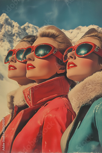 vintage portrait of beautiful women on the ski resort in the mountains 