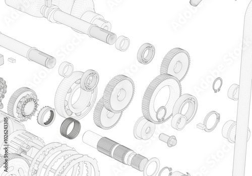 Gears and other parts on a white background.