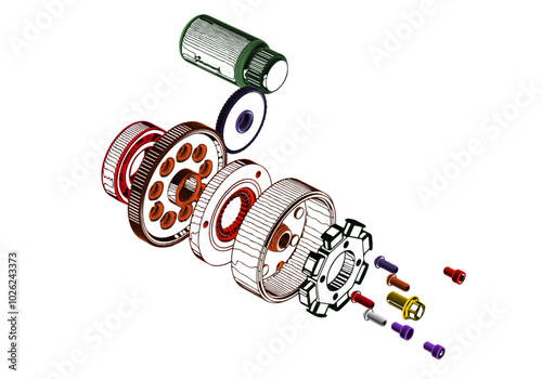 Rotor, stator and other parts on a white background.