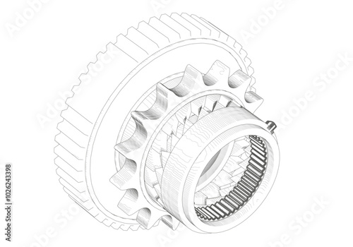 Gears and other parts on a white background.