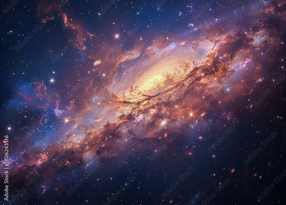 Fototapeta premium Bright spiral galaxy with glowing stars in deep space