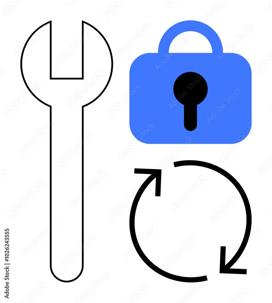 Wrench, blue locked padlock, and circular arrow symbols. Ideal for technology, security, maintenance, data protection, updates. Simple, flat, modern style. Represents three key aspects in