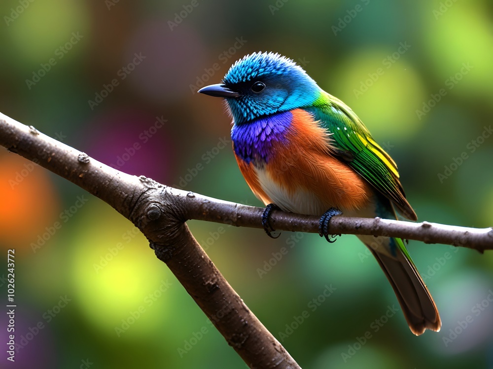 A colorful bird sits on a branch in the forest.	