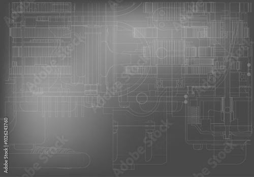 Mechanical engineering drawings on a gray background.