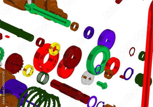 Gears and other parts on a white background.