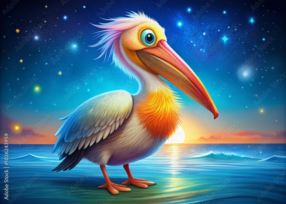 Fototapeta premium Colorful Cartoon Pelican Illustration Perfect for Kids' Books and Educational Materials Featuring a Fun and Playful
