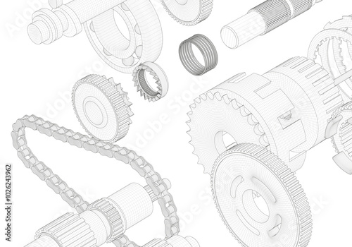 Gears and other parts on a white background.