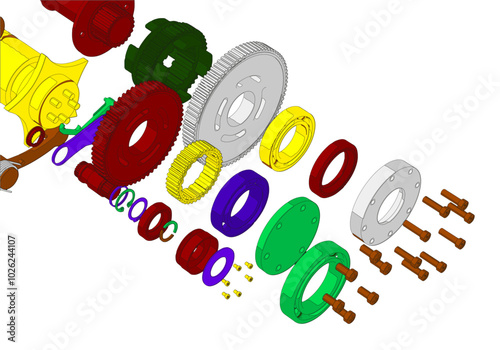 Gears and other parts on a white background.