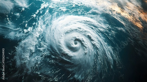 A massive hurricane viewed from space, showcasing a swirling cloud formation with the eye of the storm surrounded by white cloud bands, illustrating an atmospheric phenomenon in high-resolution satell